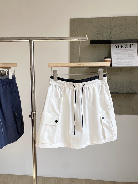 White Summer New American Style High Waist Workwear Short Skirt with Drawstring