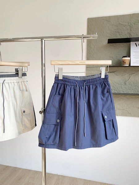 Navy Blue Summer New American Style High Waist Workwear Short Skirt with Drawstring