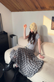 Geometric Unit Summer Black and White Ruffle Bottom Irregular Plaid Skirt Women's Chiffon Mid-Length A-Line Skirt