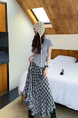 Geometric Unit Summer Black and White Ruffle Bottom Irregular Plaid Skirt Women's Chiffon Mid-Length A-Line Skirt