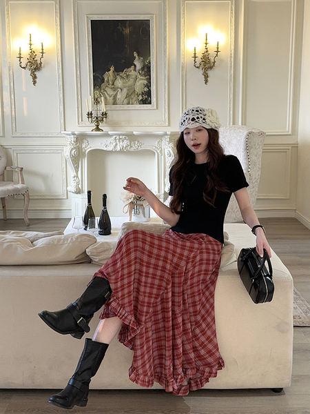 Geometric Unit Summer Red and White Ruffle Bottom Irregular Plaid Skirt Women's Chiffon Mid-Length A-Line Skirt