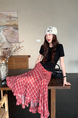 Geometric Unit Summer Red and White Ruffle Bottom Irregular Plaid Skirt Women's Chiffon Mid-Length A-Line Skirt