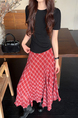 Geometric Unit Summer Red and White Ruffle Bottom Irregular Plaid Skirt Women's Chiffon Mid-Length A-Line Skirt