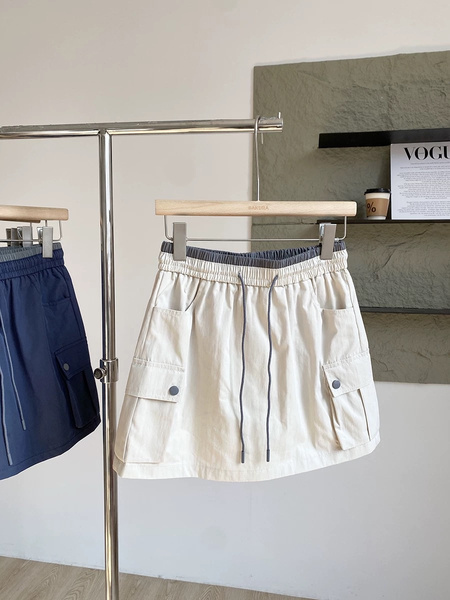 Summer New American Style High Waist Workwear Short Skirt Women's Fashionable Drawstring Elastic Waist Slim Big Pocket A-Line Skirt