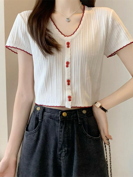 White Real Shot Wholesale Price 2025 Summer New Korean Style Button Design Short Sleeve Versatile Slim Knitted T-Shirt for Women