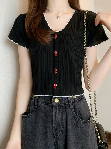 Black Real Shot Wholesale Price 2025 Summer New Korean Style Button Design Short Sleeve Versatile Slim Knitted T-Shirt for Women