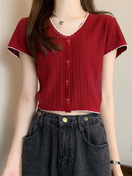 Red Real Shot Wholesale Price 2025 Summer New Korean Style Button Design Short Sleeve Versatile Slim Knitted T-Shirt for Women