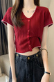 Red Real Shot Wholesale Price 2025 Summer New Korean Style Button Design Short Sleeve Versatile Slim Knitted T-Shirt for Women