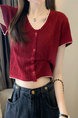 Red Real Shot Wholesale Price 2025 Summer New Korean Style Button Design Short Sleeve Versatile Slim Knitted T-Shirt for Women