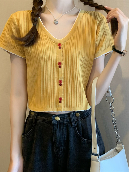 Yellow Real Shot Wholesale Price 2025 Summer New Korean Style Button Design Short Sleeve Versatile Slim Knitted T-Shirt for Women