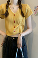 Yellow Real Shot Wholesale Price 2025 Summer New Korean Style Button Design Short Sleeve Versatile Slim Knitted T-Shirt for Women