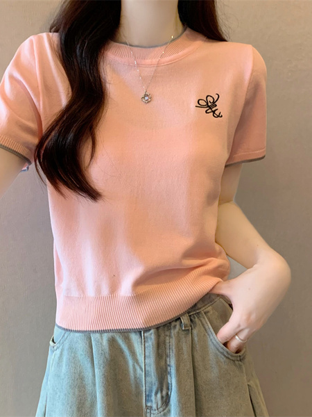 Pink Real Shot Wholesale Price 2025 Summer New Chest Personalized Embroidery Design Round Neck Contrast Color Short-Sleeved Tops for Women