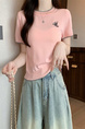 Pink Real Shot Wholesale Price 2025 Summer New Chest Personalized Embroidery Design Round Neck Contrast Color Short-Sleeved Tops for Women