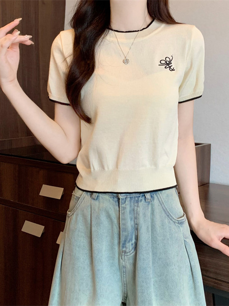 Cream Real Shot Wholesale Price 2025 Summer New Chest Personalized Embroidery Design Round Neck Contrast Color Short-Sleeved Tops for Women
