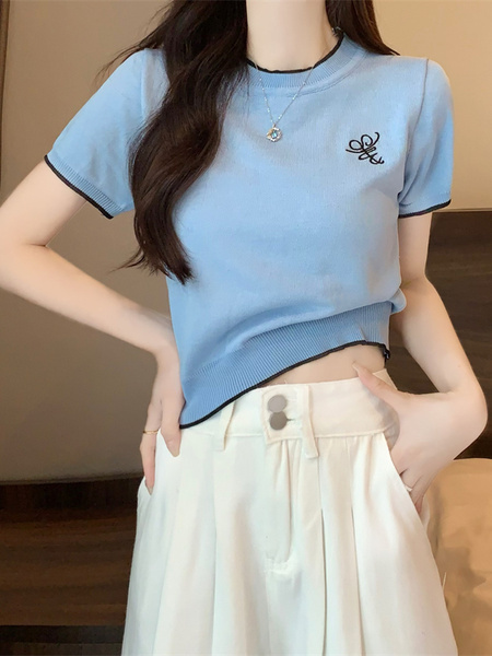 Light Blue Real Shot Wholesale Price 2025 Summer New Chest Personalized Embroidery Design Round Neck Contrast Color Short-Sleeved Tops for Women