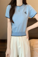Light Blue Real Shot Wholesale Price 2025 Summer New Chest Personalized Embroidery Design Round Neck Contrast Color Short-Sleeved Tops for Women