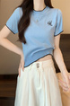 Light Blue Real Shot Wholesale Price 2025 Summer New Chest Personalized Embroidery Design Round Neck Contrast Color Short-Sleeved Tops for Women