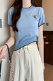 Light Blue Real Shot Wholesale Price 2025 Summer New Chest Personalized Embroidery Design Round Neck Contrast Color Short-Sleeved Tops for Women