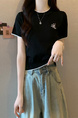 Black Real Shot Wholesale Price 2025 Summer New Chest Personalized Embroidery Design Round Neck Contrast Color Short-Sleeved Tops for Women