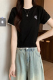 Black Real Shot Wholesale Price 2025 Summer New Chest Personalized Embroidery Design Round Neck Contrast Color Short-Sleeved Tops for Women