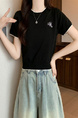 Black Real Shot Wholesale Price 2025 Summer New Chest Personalized Embroidery Design Round Neck Contrast Color Short-Sleeved Tops for Women