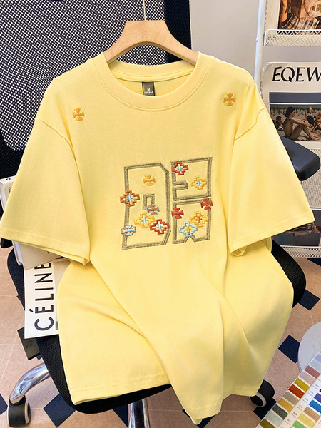 Yellow Real Shot 32 Double Yarn Cotton Short-Sleeved T-shirt Summer 2025 New Mid-Length Shoulder Embroidery Round Neck Top Women's Clothing