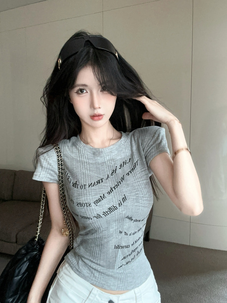 Gray Real Shot Cost-Effective Design Fashion Brand Round Neck Retro Short Sleeve Hot Girl T-shirt Women's Shirt Fashion