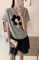 Summer New Simple Small Zhongbo Main Tone Flocking Flowers Print Shoulder Short Sleeve T-shirt Korean Casual Top - Light Gray