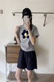 Summer New Simple Small Zhongbo Main Tone Flocking Flowers Print Shoulder Short Sleeve T-shirt Korean Casual Top - Light Gray