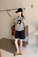 Summer New Simple Small Zhongbo Main Tone Flocking Flowers Print Shoulder Short Sleeve T-shirt Korean Casual Top - Light Gray