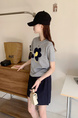 Summer New Simple Small Zhongbo Main Tone Flocking Flowers Print Shoulder Short Sleeve T-shirt Korean Casual Top - Light Gray