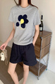Summer New Simple Small Zhongbo Main Tone Flocking Flowers Print Shoulder Short Sleeve T-shirt Korean Casual Top - Light Gray