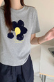 Summer New Simple Small Zhongbo Main Tone Flocking Flowers Print Shoulder Short Sleeve T-shirt Korean Casual Top - Light Gray