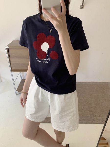 Summer New Simple Small Zhongbo Main Tone Flocking Flowers Print Shoulder Short Sleeve T-shirt Korean Casual Top - Dark Purple