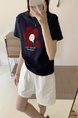 Summer New Simple Small Zhongbo Main Tone Flocking Flowers Print Shoulder Short Sleeve T-shirt Korean Casual Top - Dark Purple