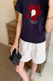 Summer New Simple Small Zhongbo Main Tone Flocking Flowers Print Shoulder Short Sleeve T-shirt Korean Casual Top - Dark Purple