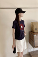 Summer New Simple Small Zhongbo Main Tone Flocking Flowers Print Shoulder Short Sleeve T-shirt Korean Casual Top - Dark Purple
