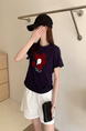 Summer New Simple Small Zhongbo Main Tone Flocking Flowers Print Shoulder Short Sleeve T-shirt Korean Casual Top - Dark Purple