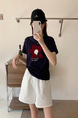 Summer New Simple Small Zhongbo Main Tone Flocking Flowers Print Shoulder Short Sleeve T-shirt Korean Casual Top - Dark Purple