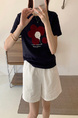 Summer New Simple Small Zhongbo Main Tone Flocking Flowers Print Shoulder Short Sleeve T-shirt Korean Casual Top - Dark Purple