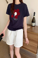 Summer New Simple Small Zhongbo Main Tone Flocking Flowers Print Shoulder Short Sleeve T-shirt Korean Casual Top - Dark Purple