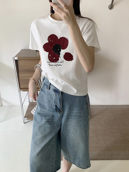 Summer New Simple Small Zhongbo Main Tone Flocking Flowers Print Shoulder Short Sleeve T-shirt Korean Casual Top - White