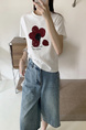 Summer New Simple Small Zhongbo Main Tone Flocking Flowers Print Shoulder Short Sleeve T-shirt Korean Casual Top - White