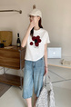 Summer New Simple Small Zhongbo Main Tone Flocking Flowers Print Shoulder Short Sleeve T-shirt Korean Casual Top - White