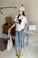 Summer New Simple Small Zhongbo Main Tone Flocking Flowers Print Shoulder Short Sleeve T-shirt Korean Casual Top - White
