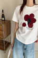Summer New Simple Small Zhongbo Main Tone Flocking Flowers Print Shoulder Short Sleeve T-shirt Korean Casual Top - White