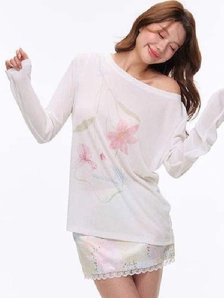 80 Tencel Floral Print Loose Long-Sleeved T-shirt for Women Summer Thin Sunscreen Blouse Bottoming Slim Off-Shoulder Top - White