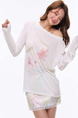 80 Tencel Floral Print Loose Long-Sleeved T-shirt for Women Summer Thin Sunscreen Blouse Bottoming Slim Off-Shoulder Top - White
