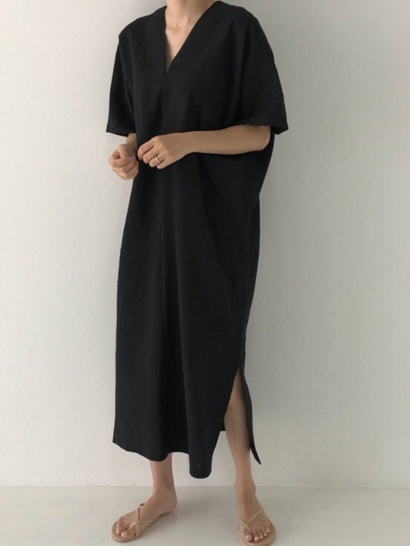 Korean Ins Minimalist Retro Long Loose Lazy Style V-Neck Long Short-Sleeved Dress for Women - Color: Black