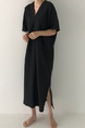 Korean Ins Minimalist Retro Long Loose Lazy Style V-Neck Long Short-Sleeved Dress for Women - Color: Black